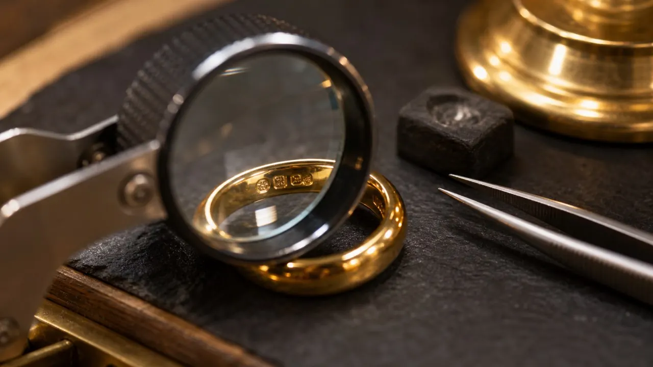 Gold ring hallmark inspected through a jeweler loupe for a gold hallmark purity lookup