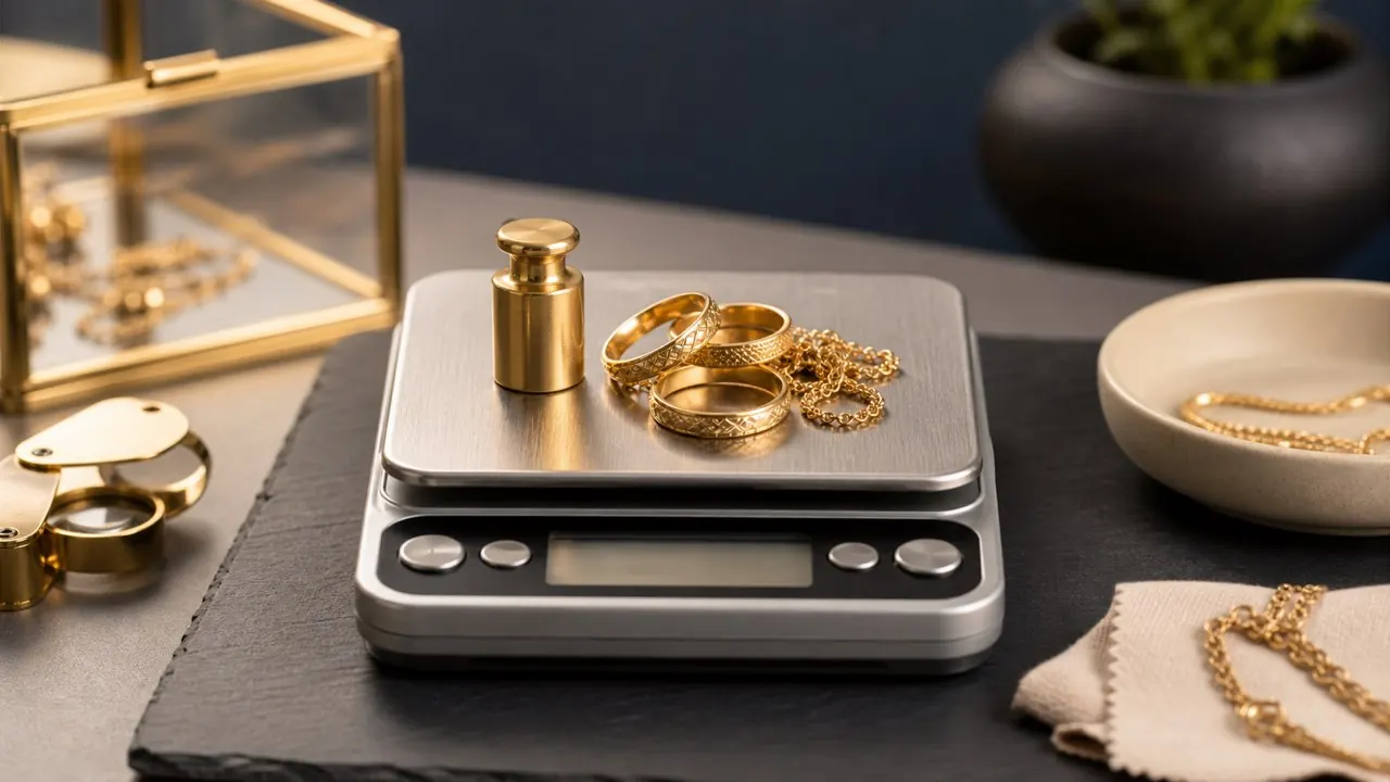 High purity jewelry weighed on a scale for checking 22K gold price per gram