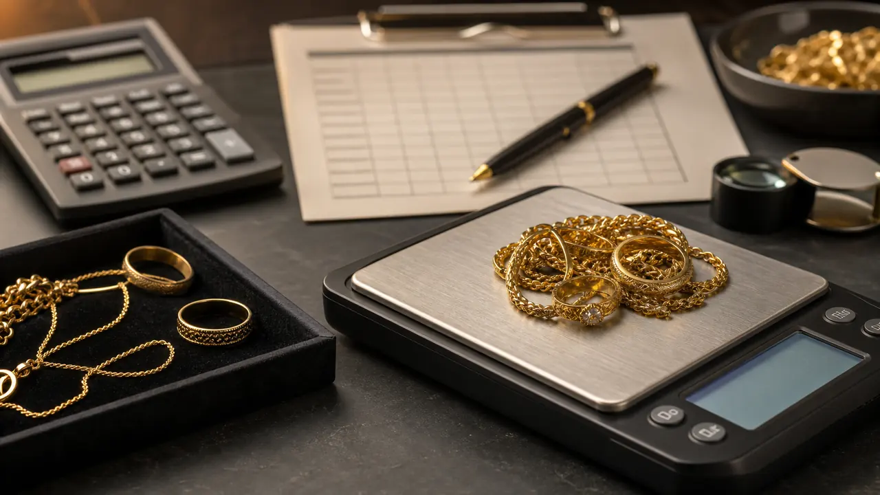 10K gold jewelry on a scale for estimating pawn shop value
